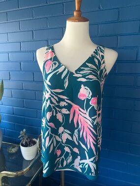 Lilly Pulitzer Teal pink Floral V-Neck Sleeveless Top